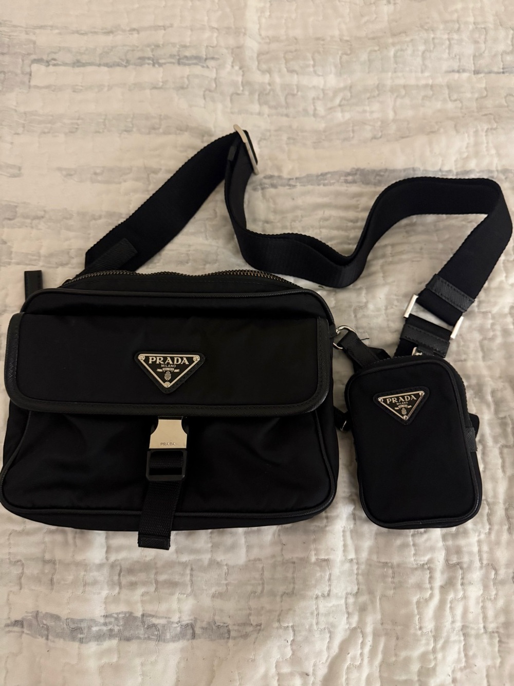 Prada Black Nylon Messenger Bag with Mini Pouch